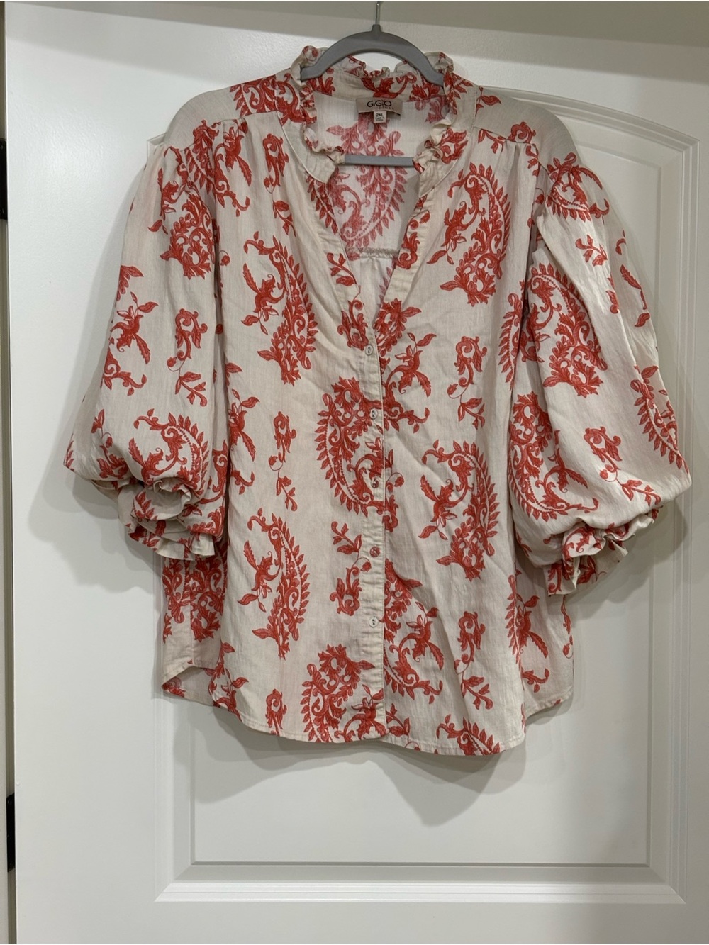 Puff Sleeve Button-Down Shirt by GiGiO in red and cream Paisley